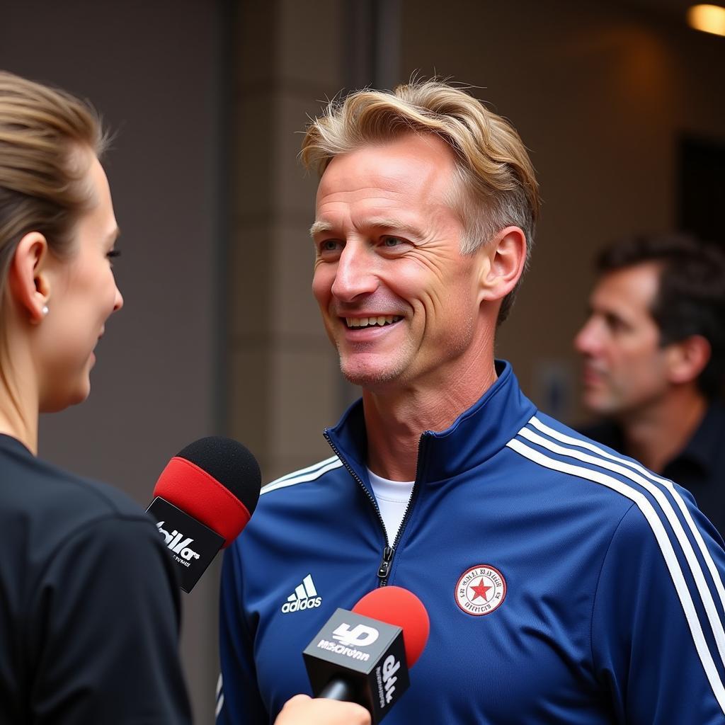 Erling Haaland giving a post-match interview, smiling genuinely.