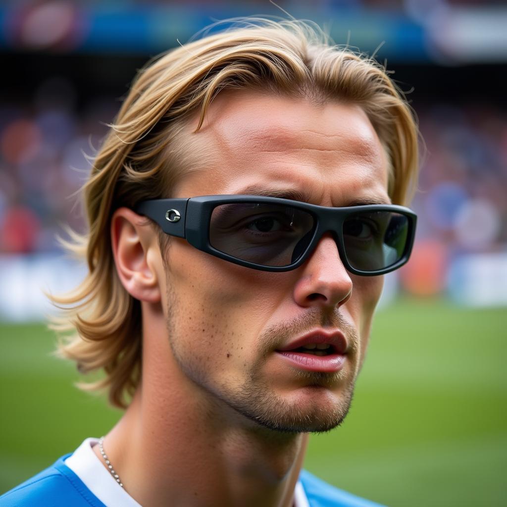 Erling Haaland wearing protective glasses during a football match.