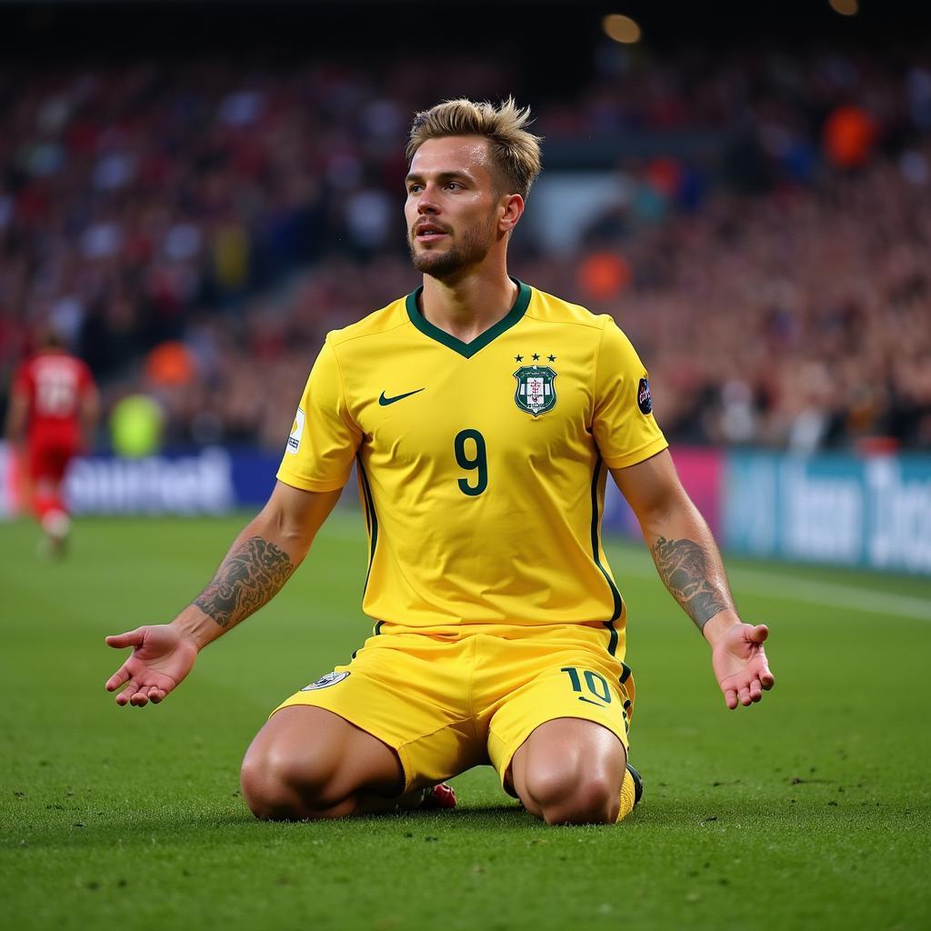 Haaland celebrates a goal with his signature meditation pose