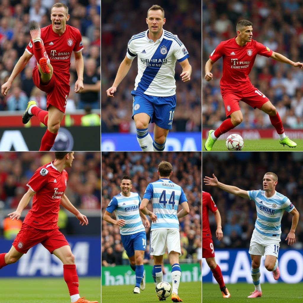 Erling Haaland celebrating goals against various teams in different stadiums