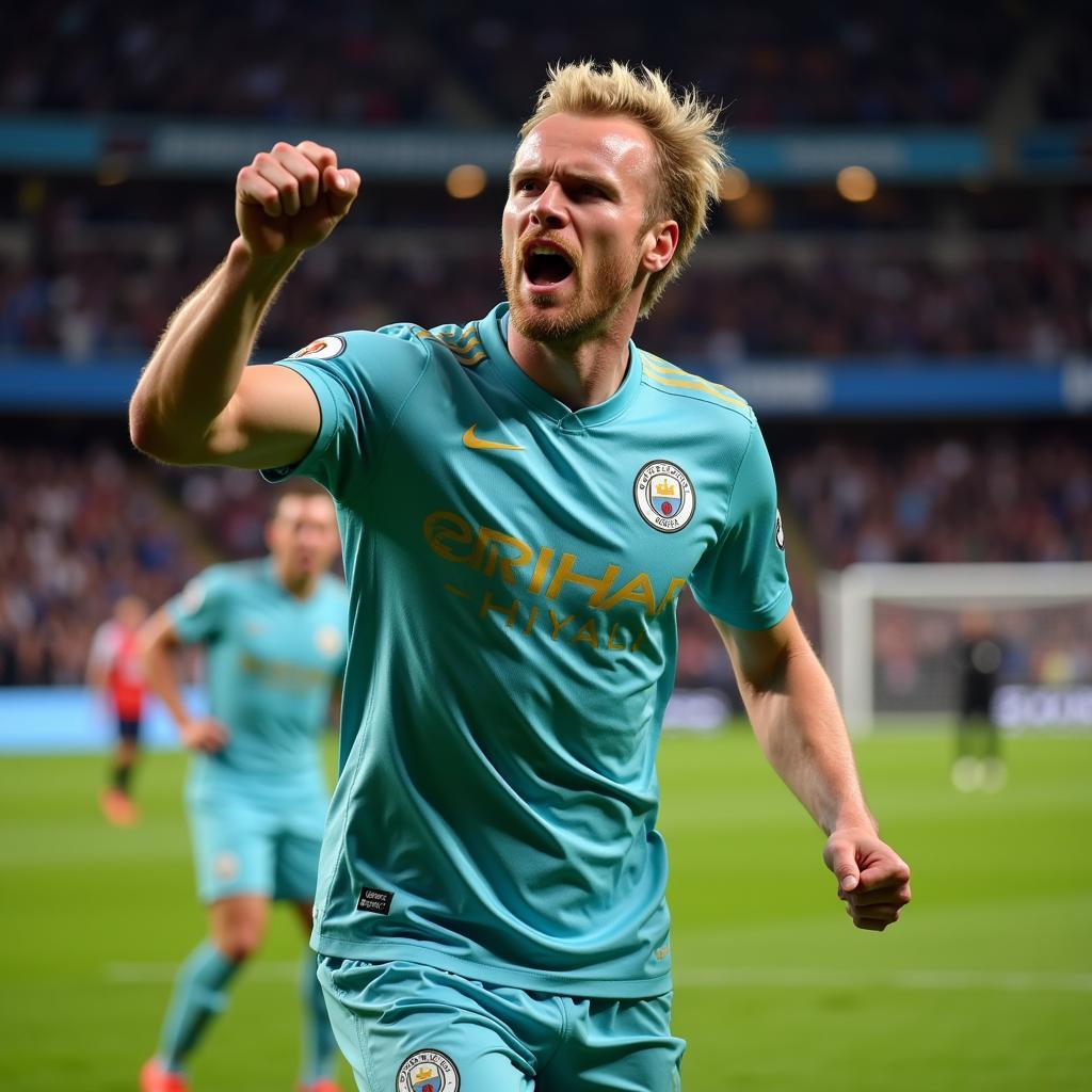 Erling Haaland celebrating a goal at the Etihad Stadium