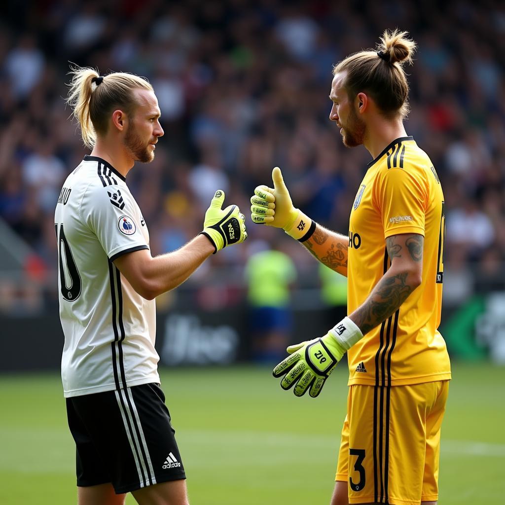 Haaland giving a thumbs up to the goalkeeper.