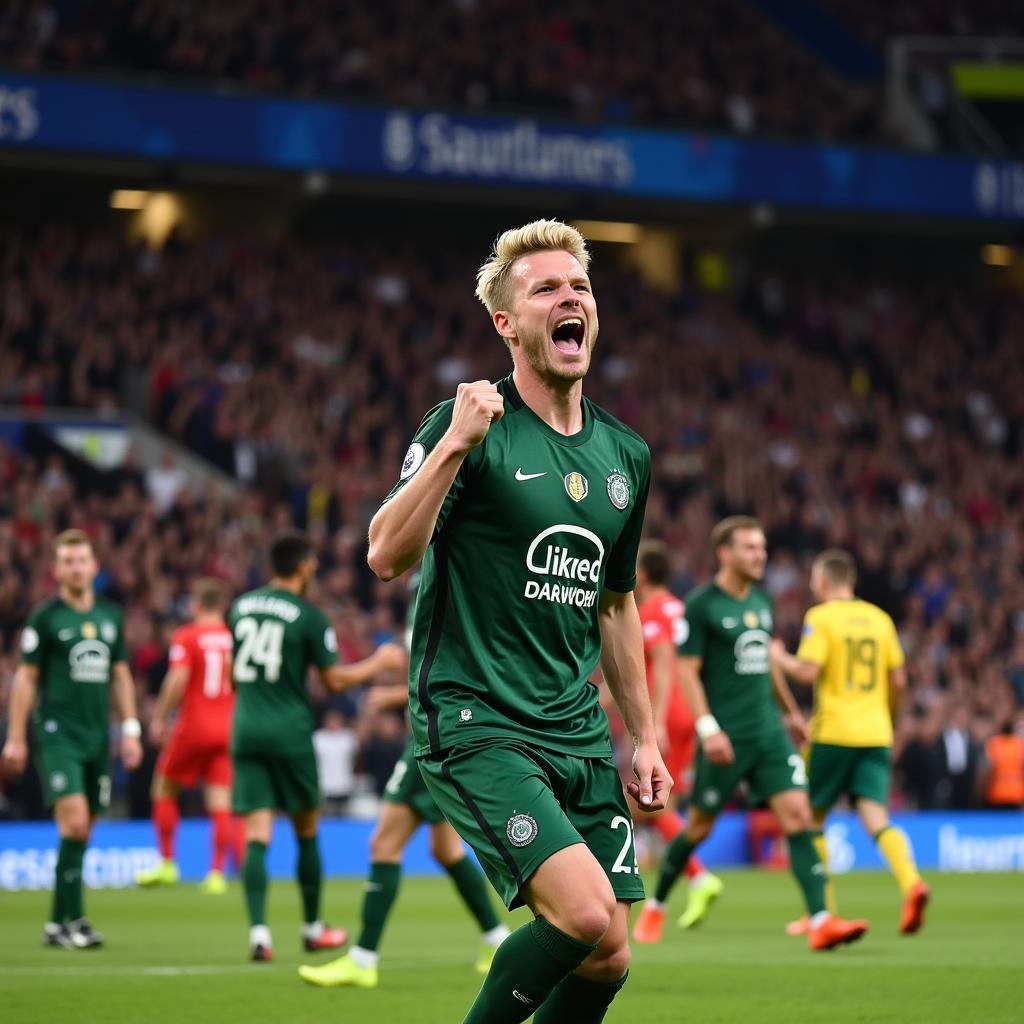 Haaland celebrating a Premier League goal in 2023