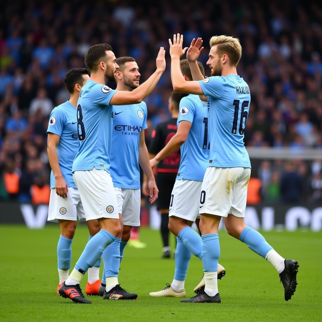 Erling Haaland high-fiving teammates after scoring for Manchester City