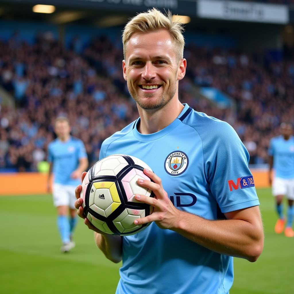 Haaland Holding the Match Ball after a Hat Trick