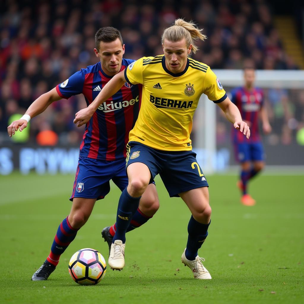 Haaland challenging an opponent for the ball during a Man City match