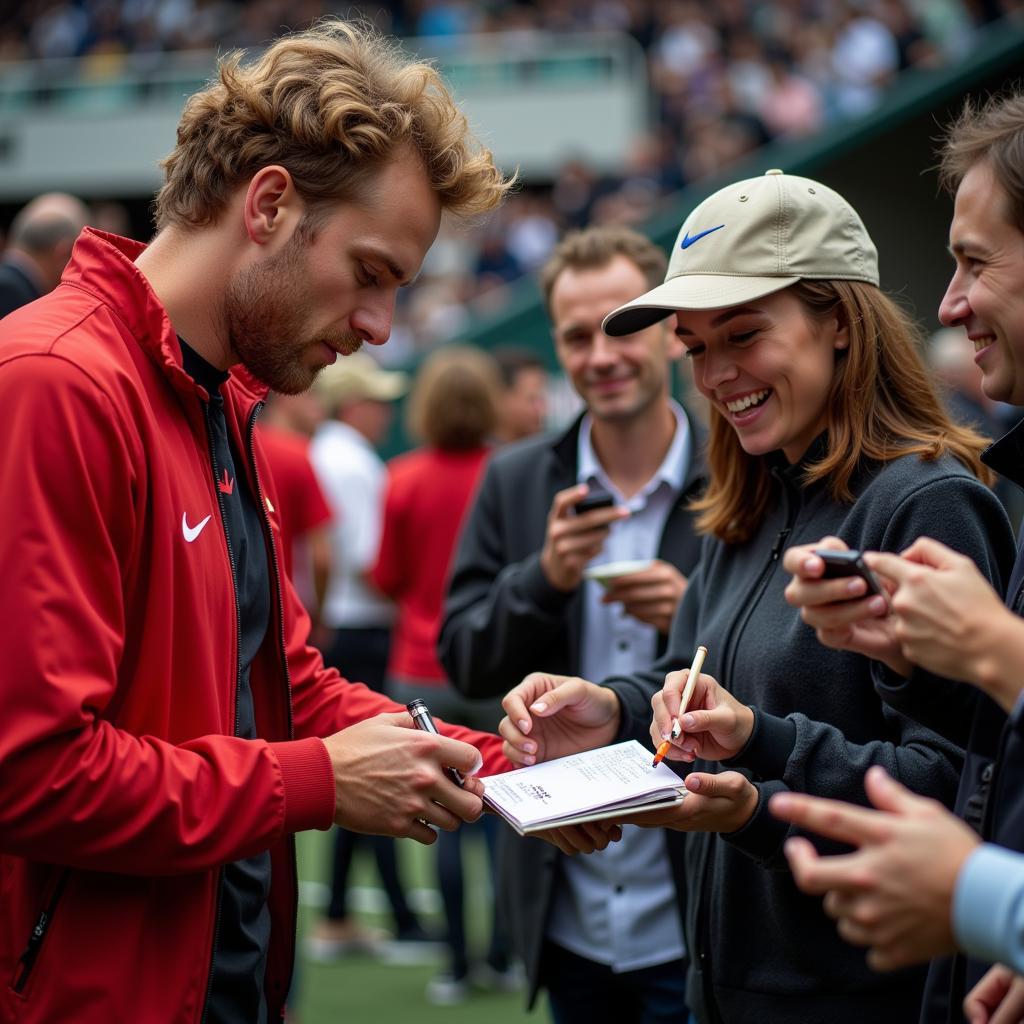 Haaland interacts with fans after a match, showing appreciation for their support