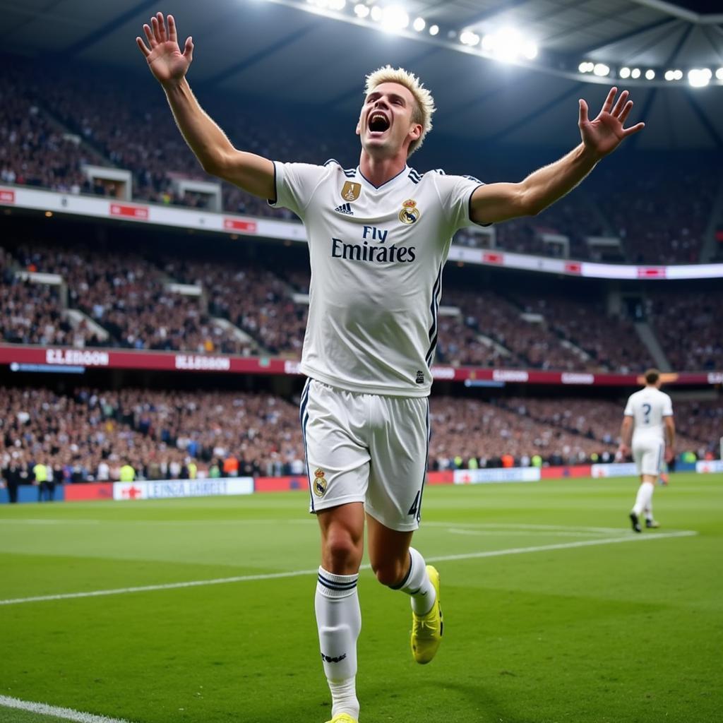 Erling Haaland celebrating a goal in a Real Madrid jersey.