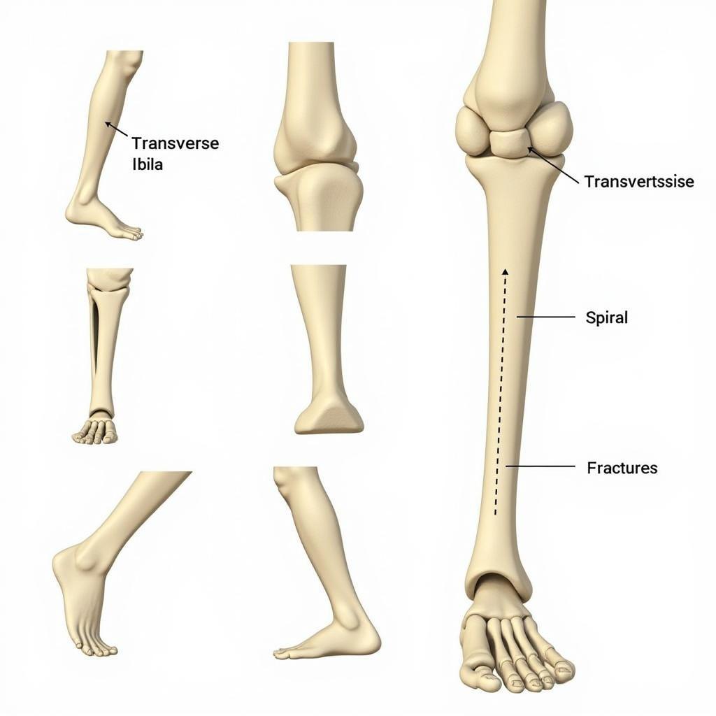 Different types of leg fractures involving the tibia and fibula