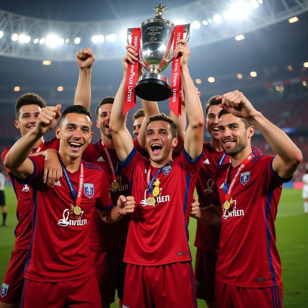 Haaland lifts a trophy with his Manchester City teammates