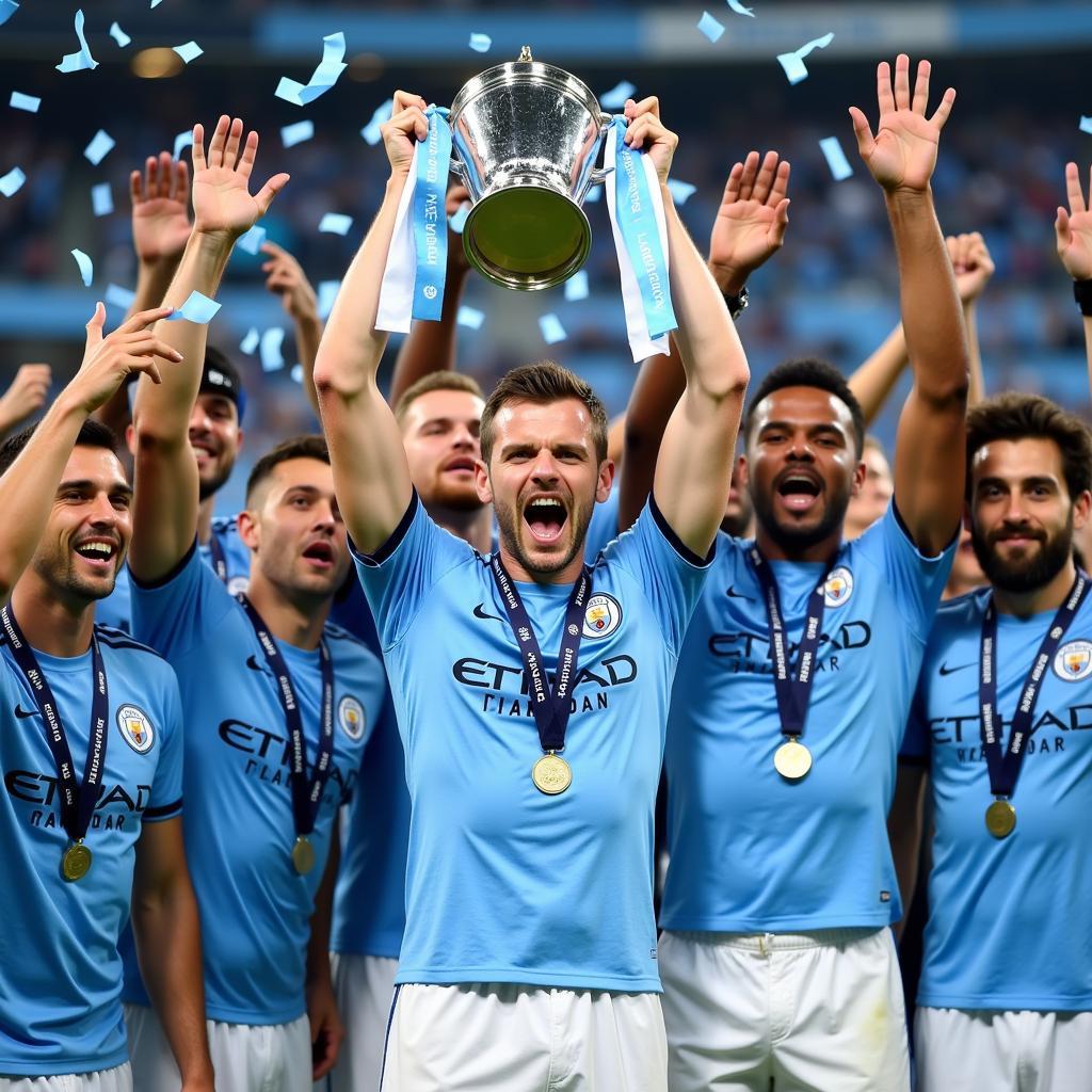 Haaland Lifting a Trophy with Man City