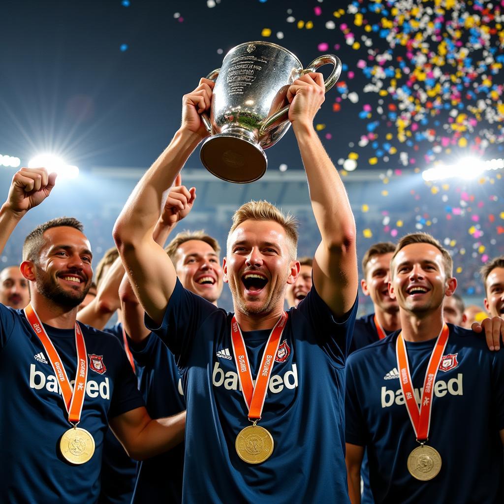 Erling Haaland lifts a trophy with his teammates