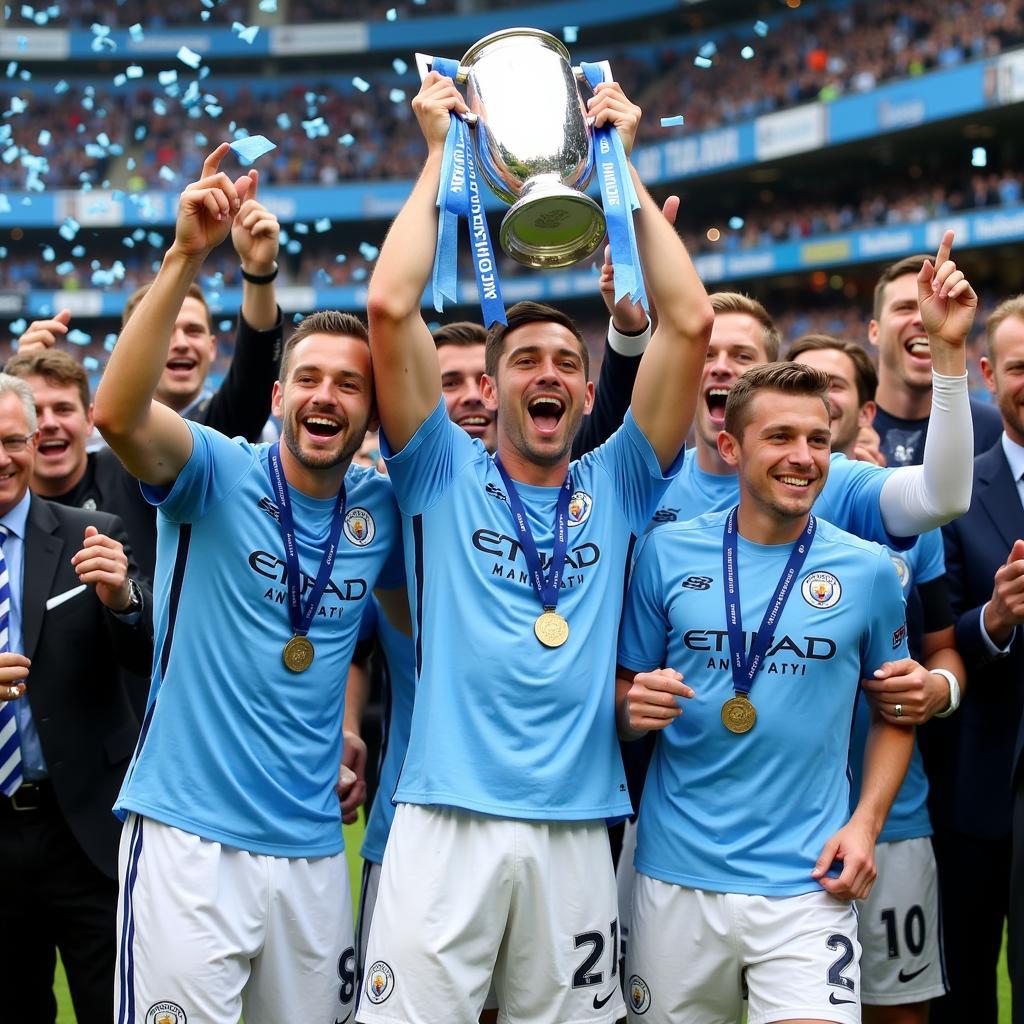 Erling Haaland lifting a trophy with Manchester City