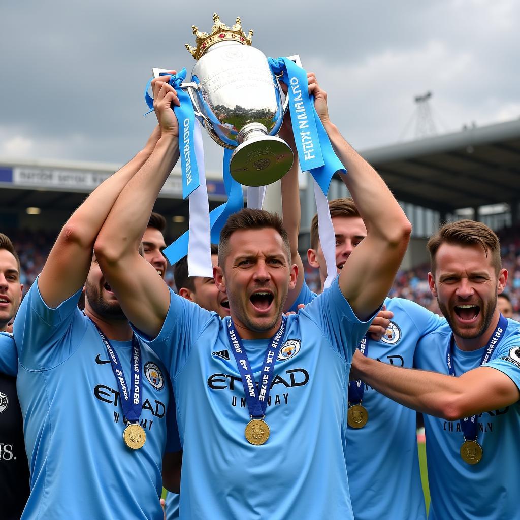 Erling Haaland Lifting a Trophy with Manchester City