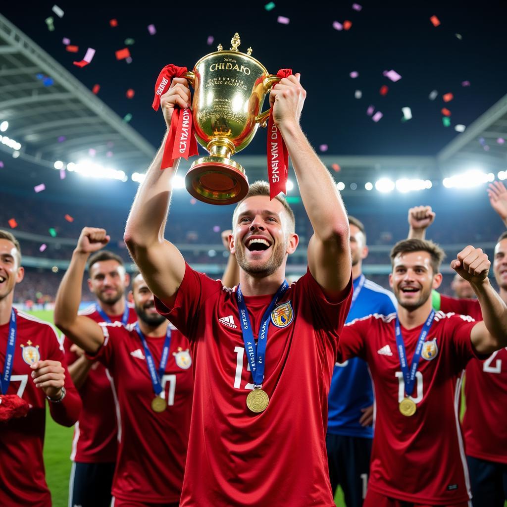 Haaland lifting a trophy with his teammates