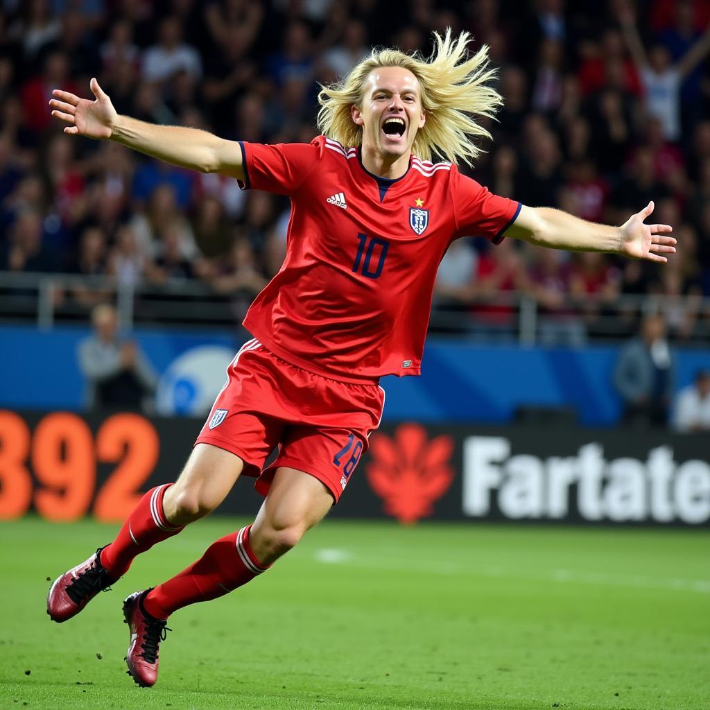 Erling Haaland celebrates a goal with his long hair flowing