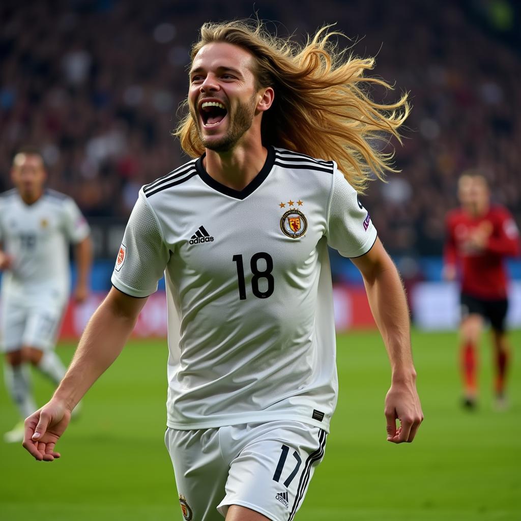 Erling Haaland celebrating a goal with his long hair flowing