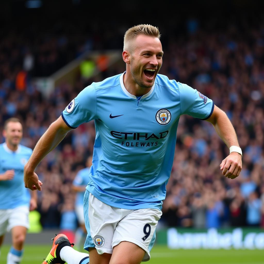 Haaland celebrating a goal in his Manchester City number 9 jersey