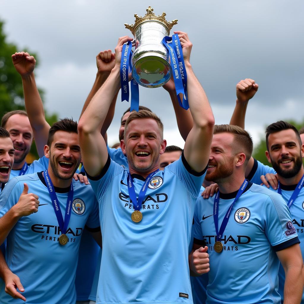 Haaland lifting a trophy with Man City