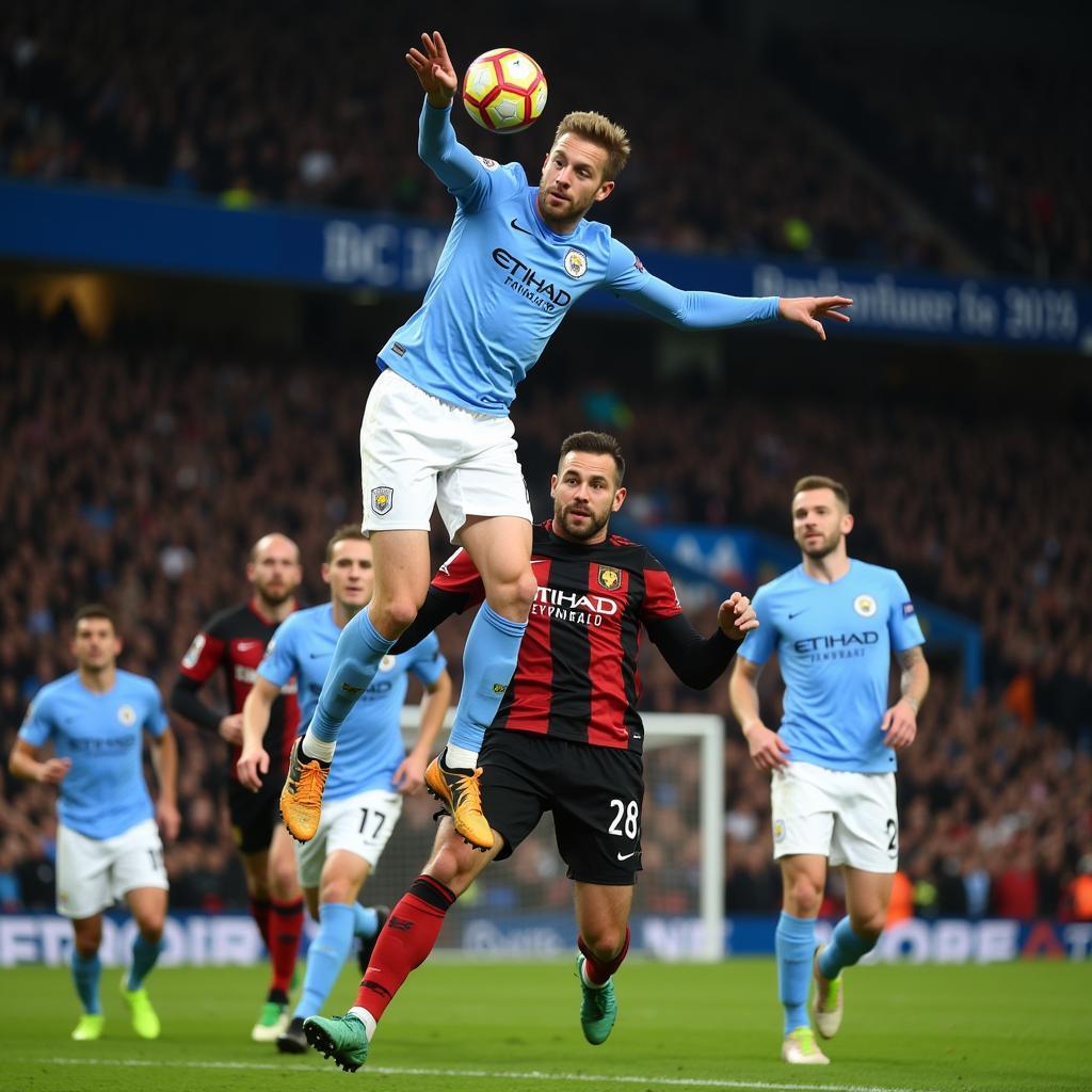 Erling Haaland scoring a powerful header for Man City