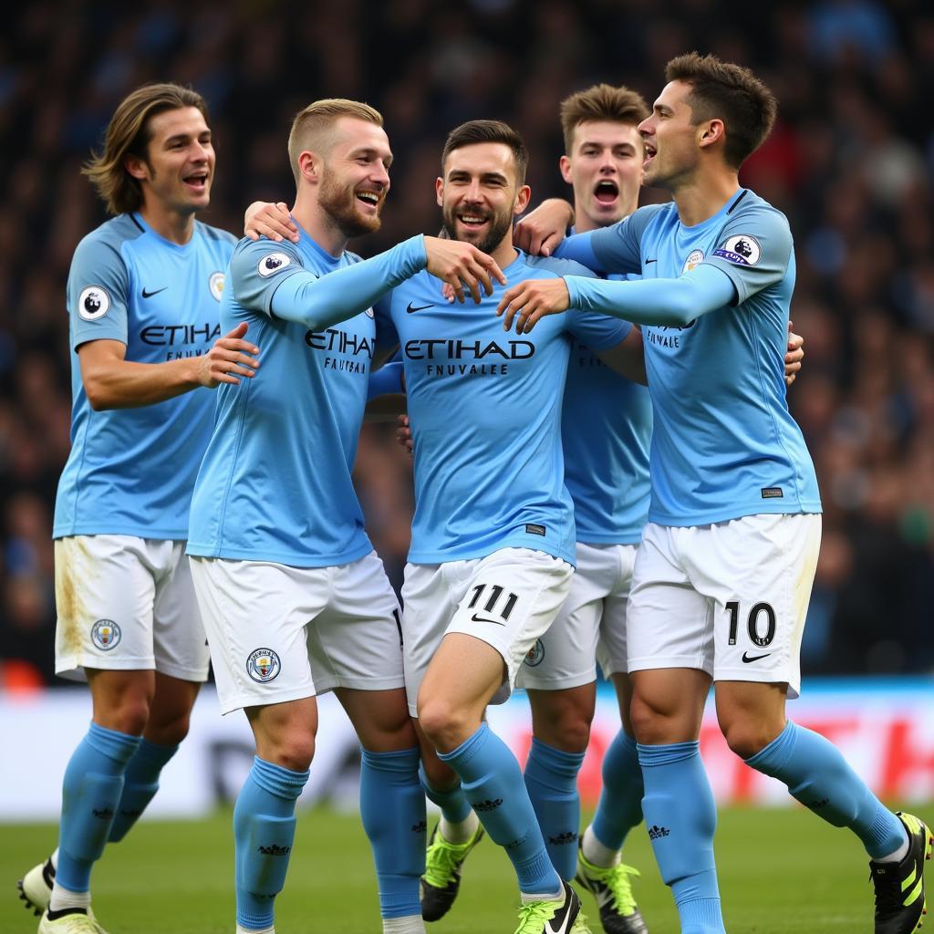 Haaland celebrating a goal with Man City teammates