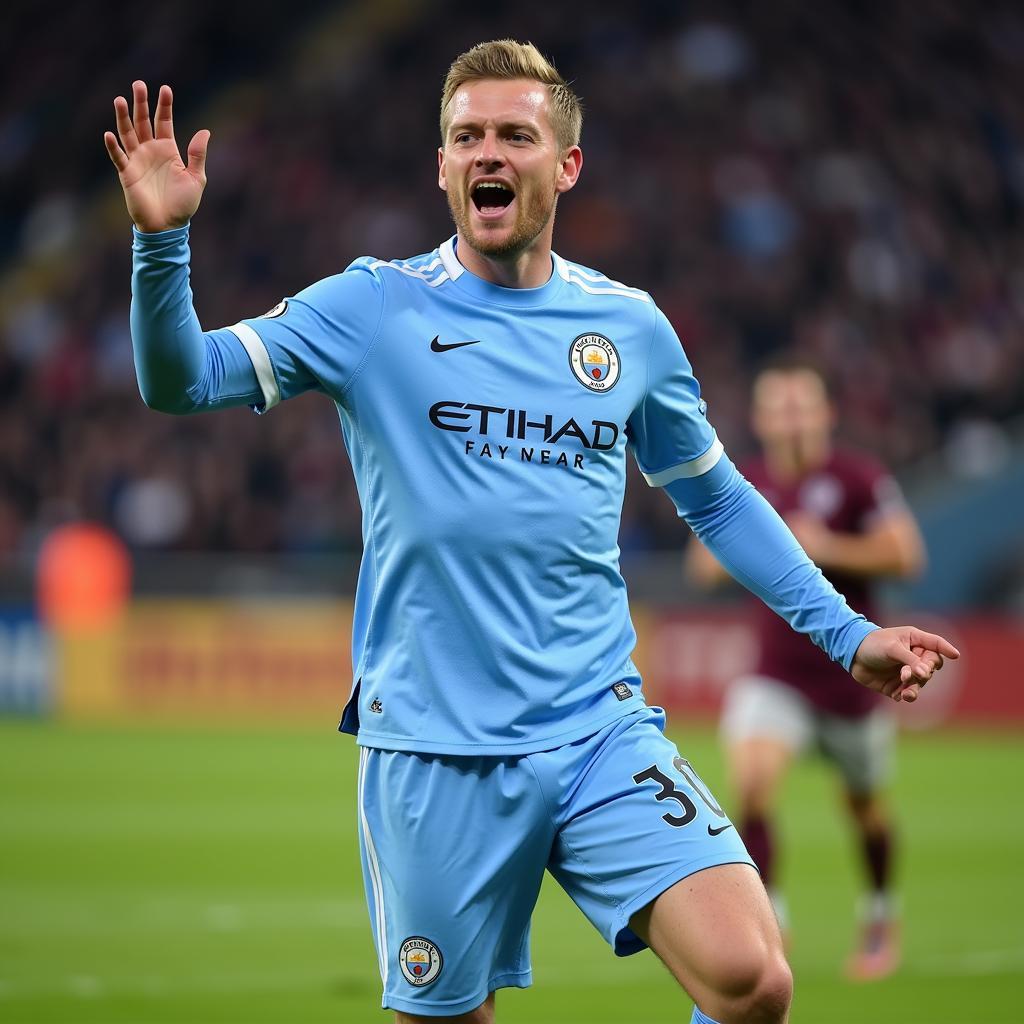 Erling Haaland celebrating a goal in his Manchester City kit