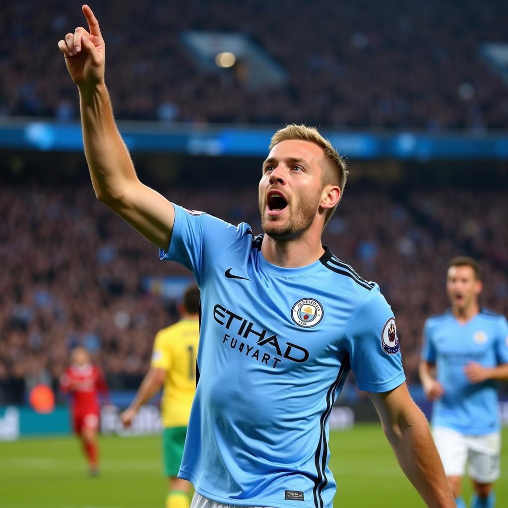 Erling Haaland celebrating a goal in his Manchester City kit