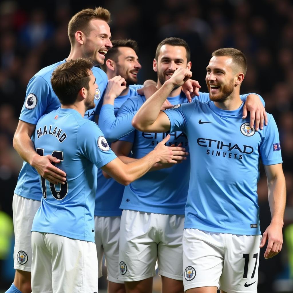 Haaland celebrating a goal with Manchester City teammates