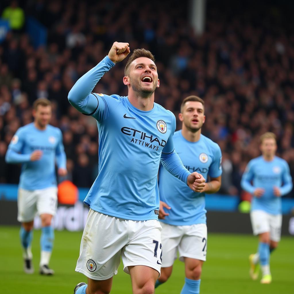 Haaland celebrating a goal in his Man City kit