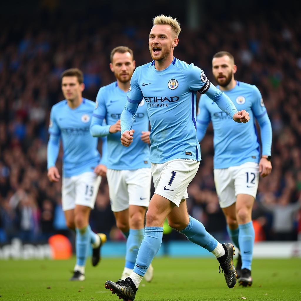 Haaland Man City Celebration: Image shows Haaland celebrating a goal with his Man City teammates, showcasing his commitment to the club and his current focus on achieving success with the team.