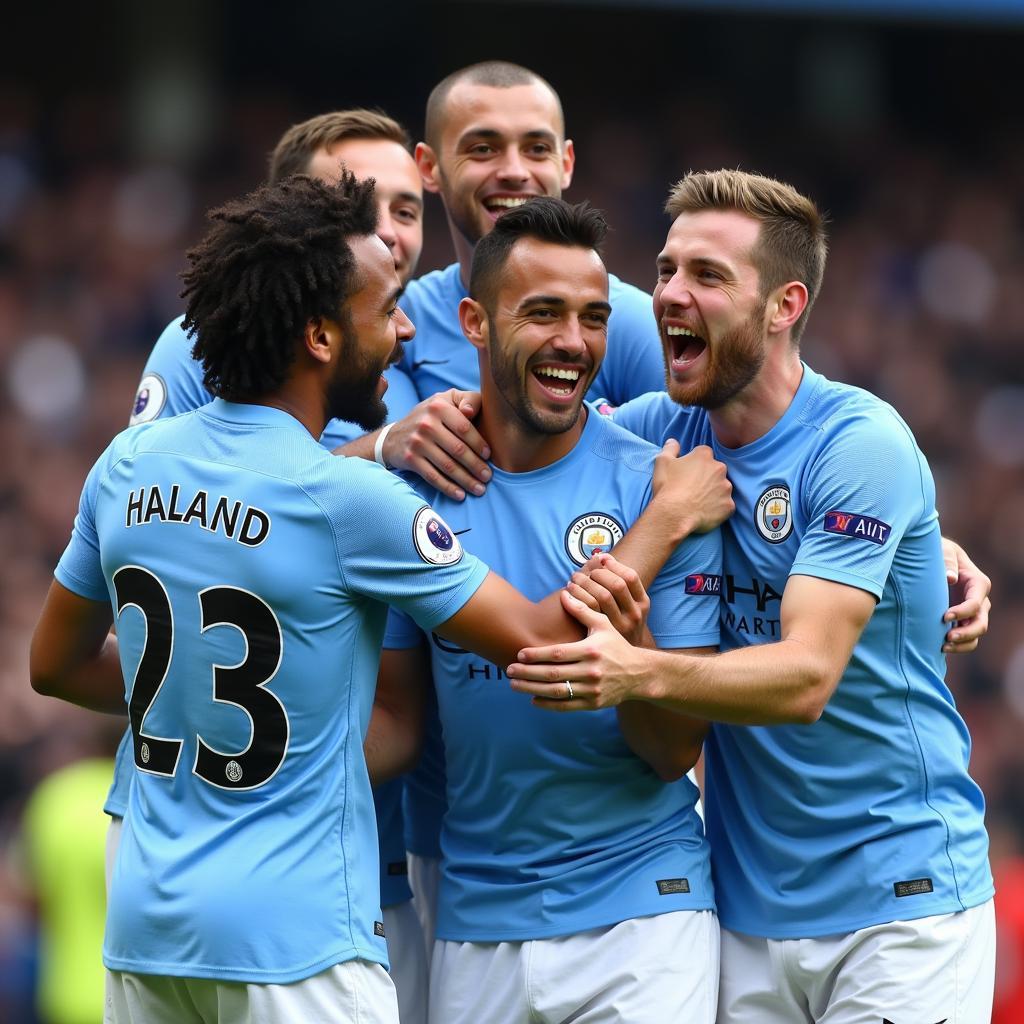 Haaland celebrates a goal with his Manchester City teammates