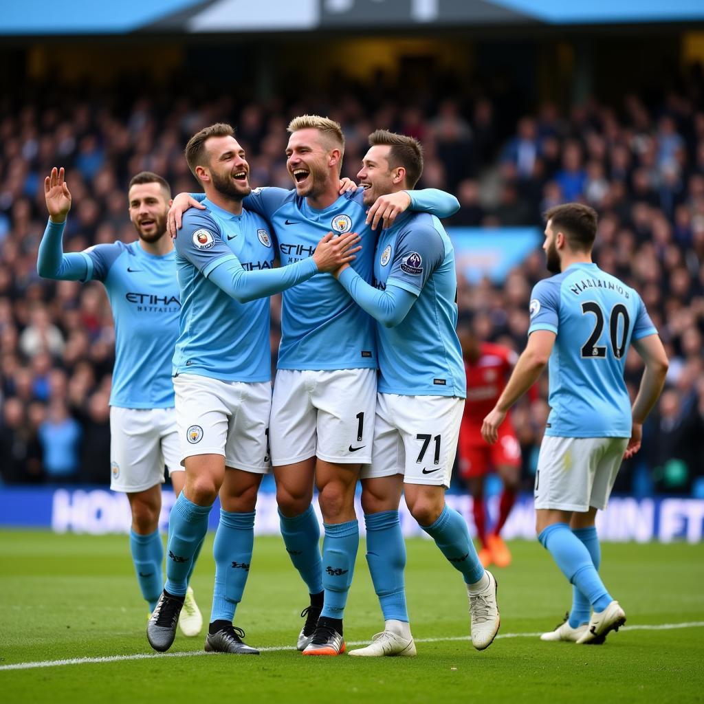 Haaland Celebrates a Goal with Man City Teammates