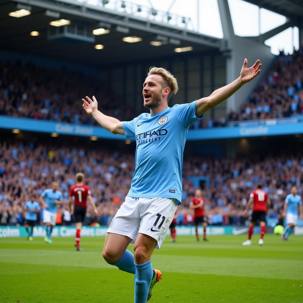 Erling Haaland celebrating a goal in a Manchester City jersey