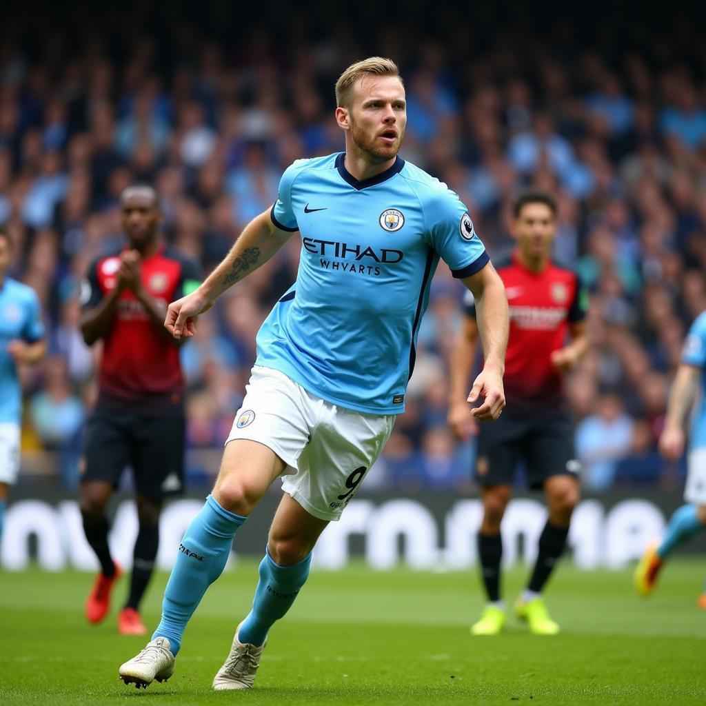 Erling Haaland celebrating a goal in a Manchester City jersey