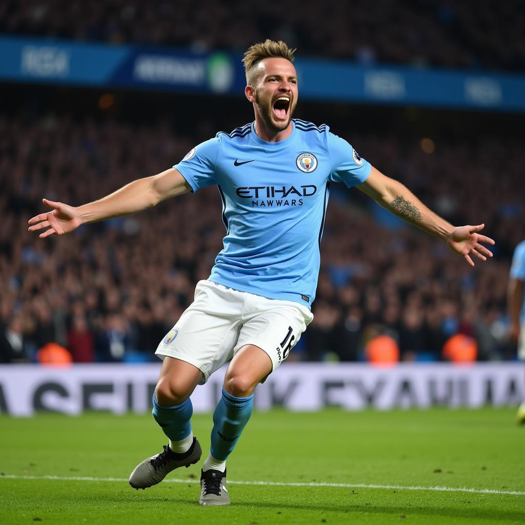 Haaland Celebrating a Goal in a Man City Kit