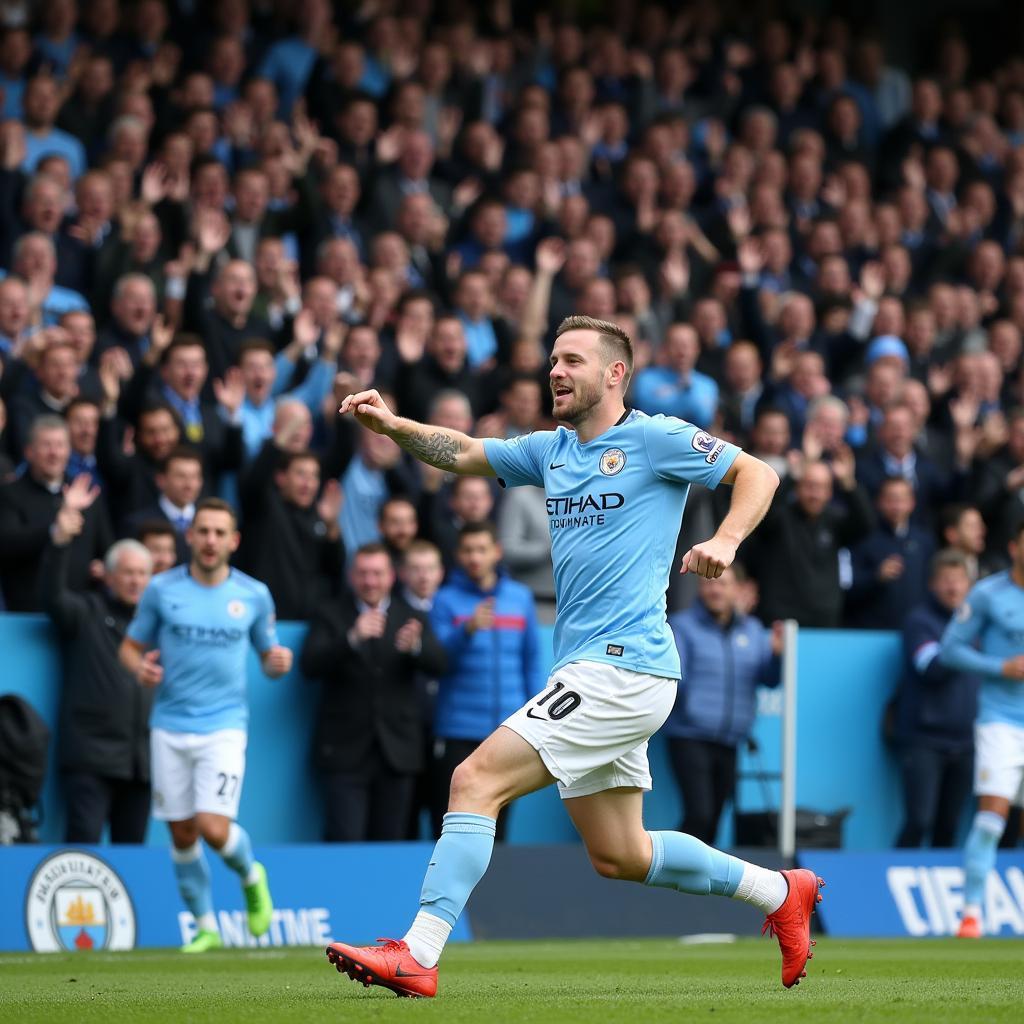 Erling Haaland celebrating a goal at the Etihad Stadium with Man City fans chanting his name.