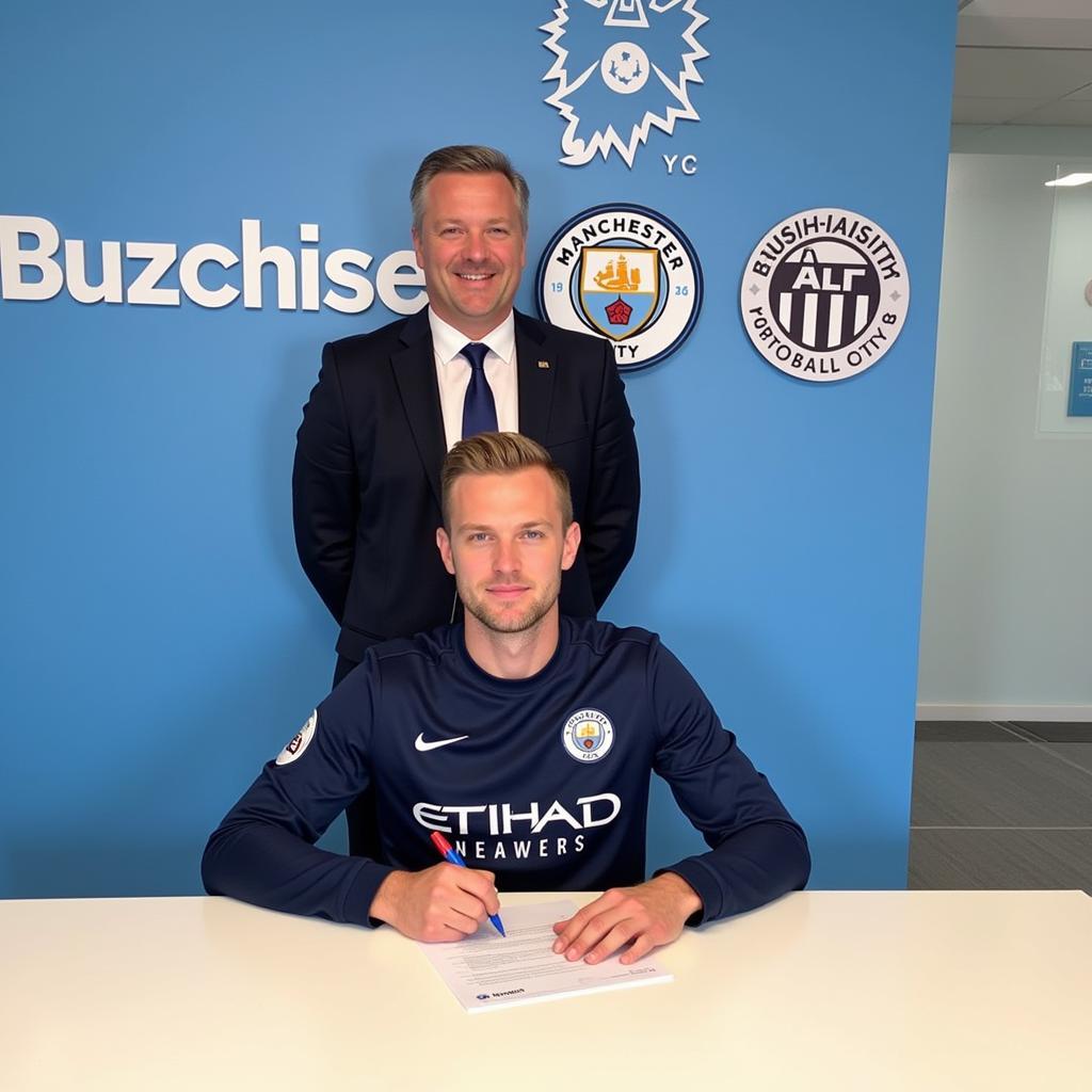 A photo depicting Haaland signing his contract with Man City, symbolizing the official agreement and the start of his lucrative deal.