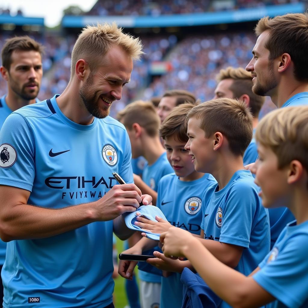 Haaland interacting with Manchester City fans after a match in the 22-23 season.