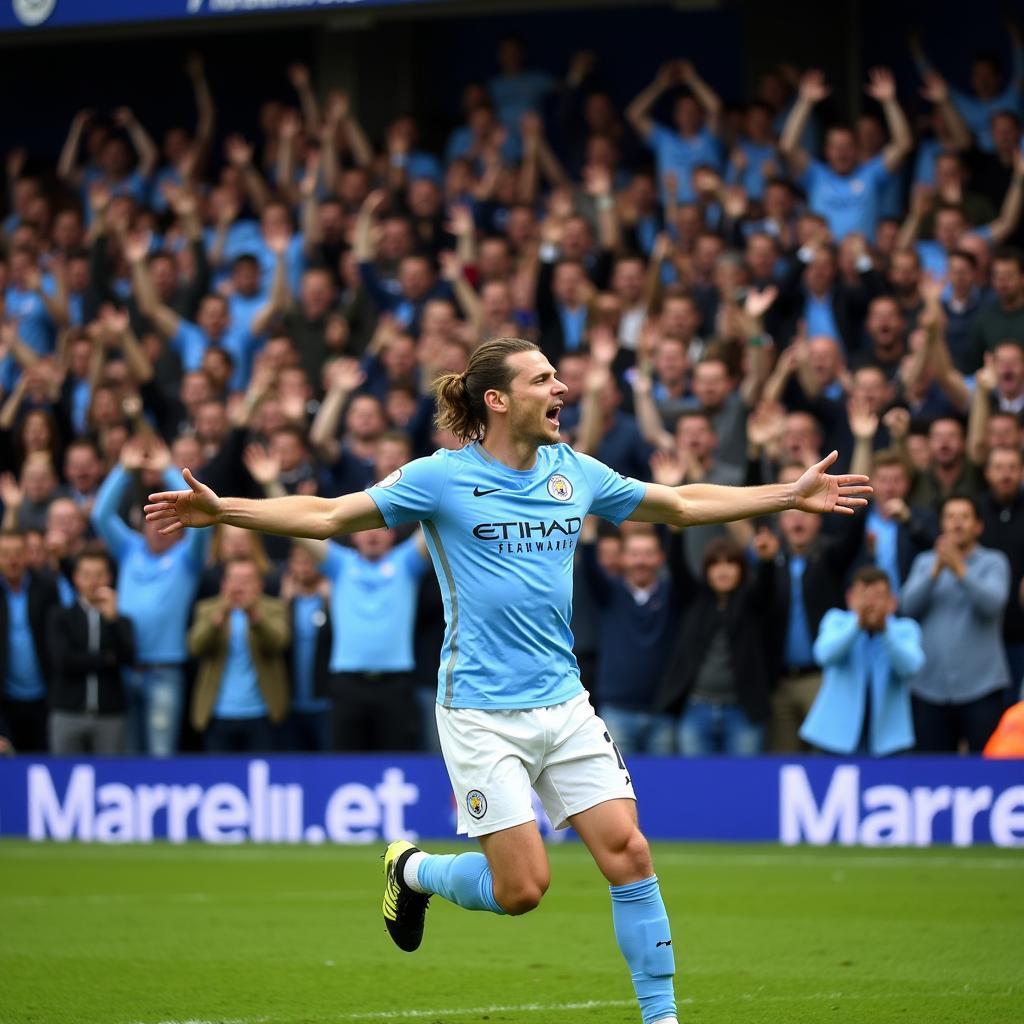 Haaland celebrating a goal with Man City fans in the background.