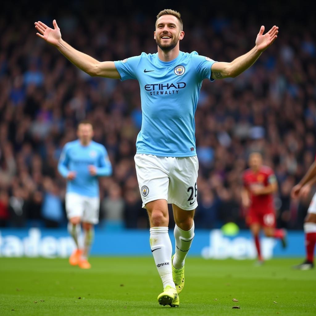 Haaland celebrates a goal for Man City in the Premier League