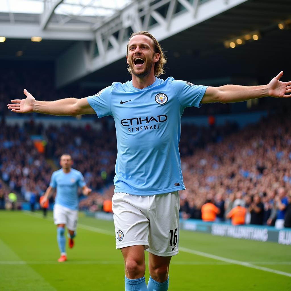 Haaland celebrating a goal for Man City