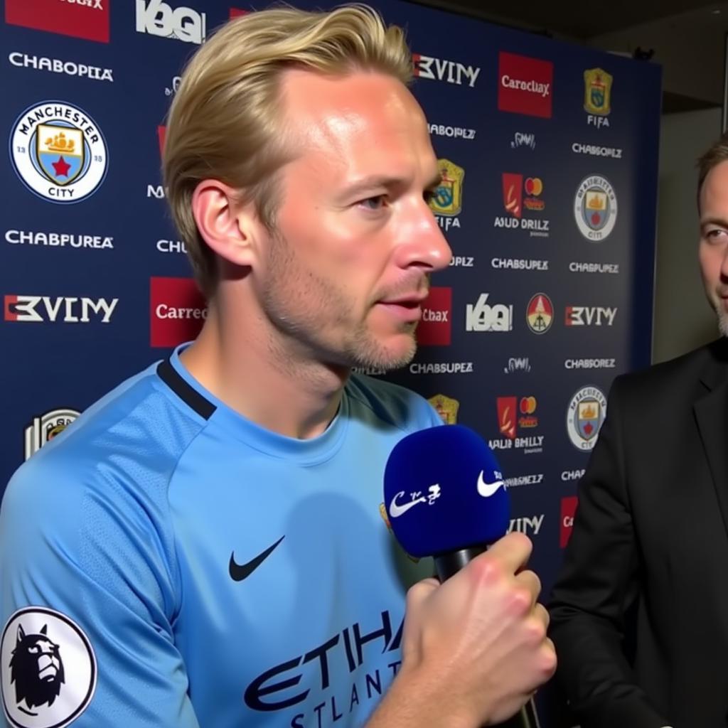 Erling Haaland giving an interview after a Man City match