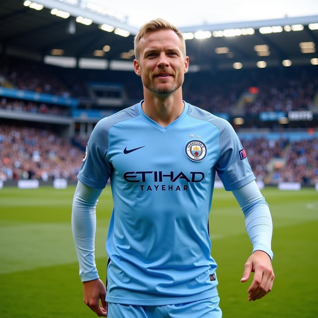 Erling Haaland wearing his Manchester City jersey at the Etihad Stadium