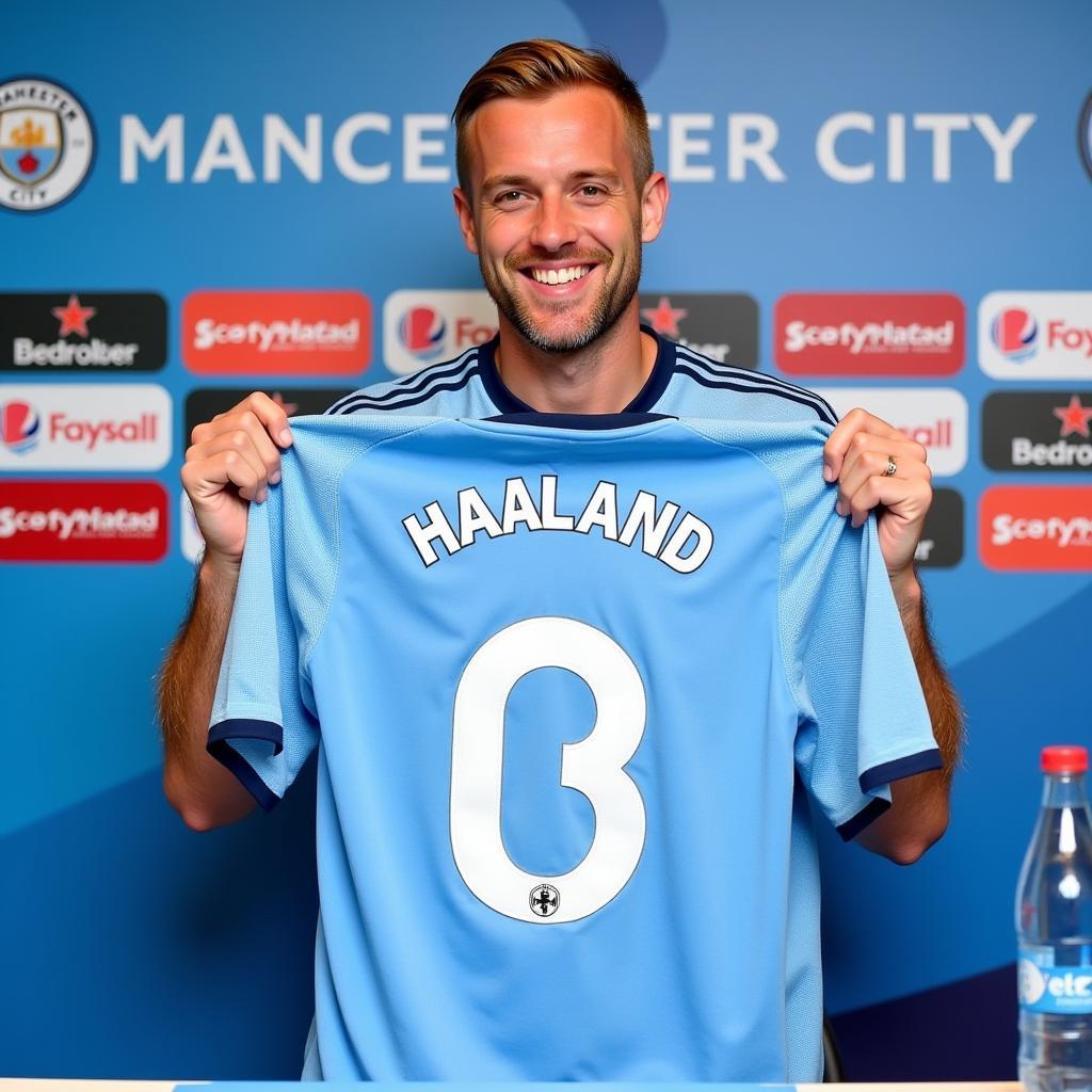 Haaland at his Man City signing ceremony, holding up the jersey.