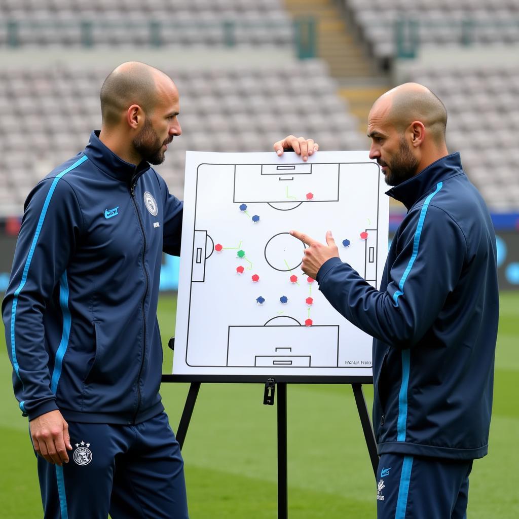 Haaland discussing tactics with Pep Guardiola at the City Football Academy