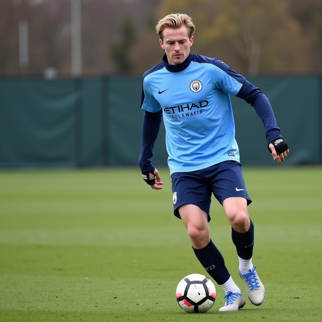 Haaland participates in a training drill at the City Football Academy