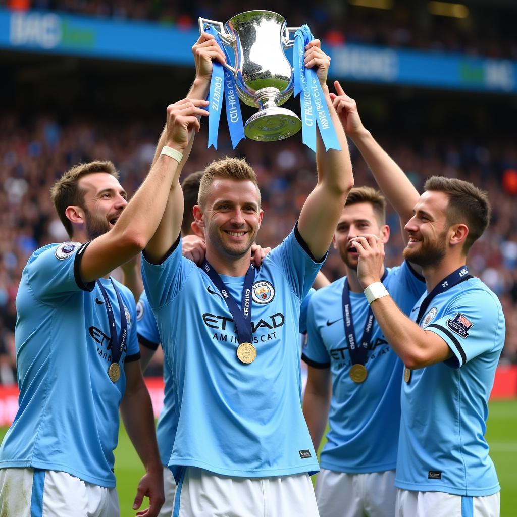 Haaland celebrating a trophy win with Man City