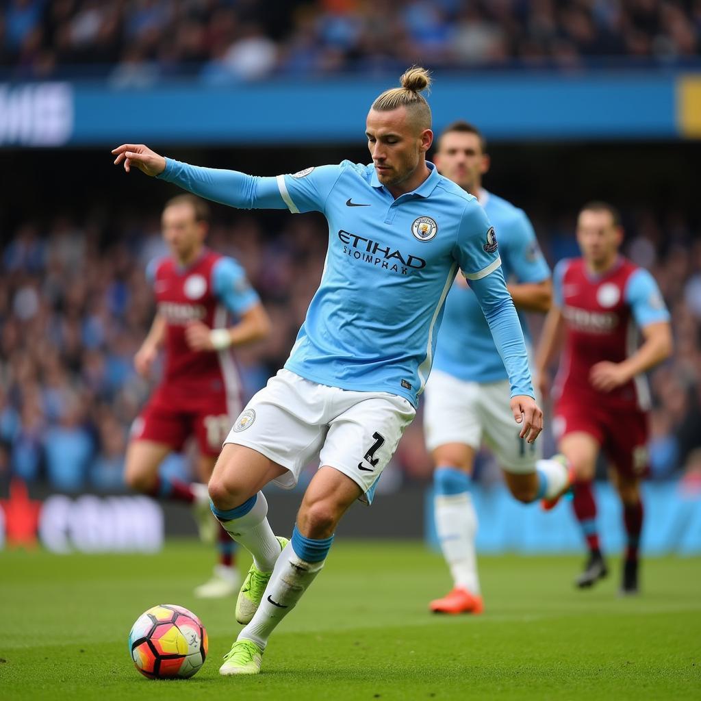 Haaland in Manchester City kit, powerfully striking the ball towards the goal, embodying his dynamic and impactful playing style.