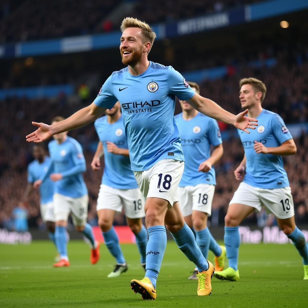 Haaland celebrating a goal in a Manchester City jersey