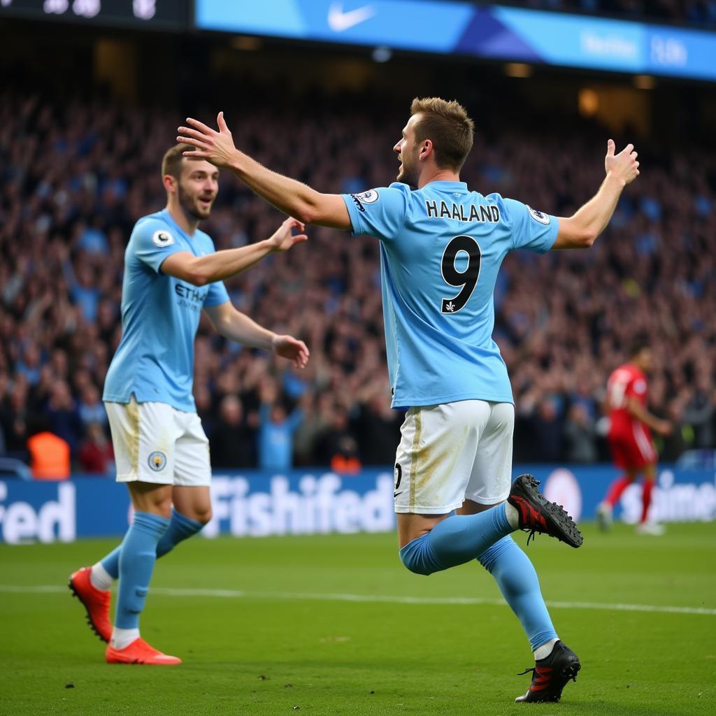 Haaland Celebrating a Goal in his Manchester City Jersey